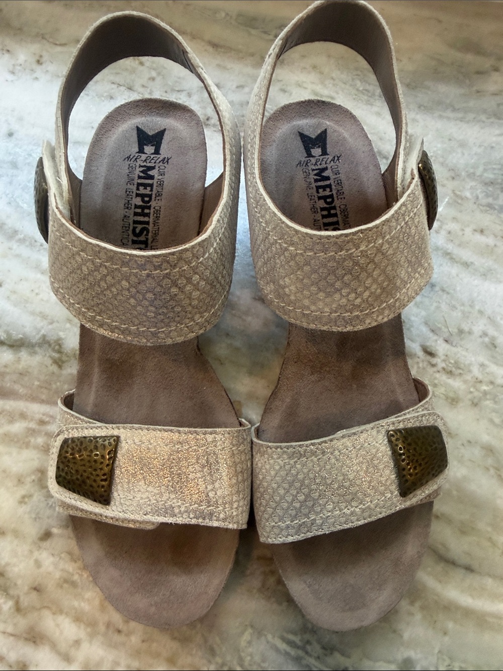 Mephisto Champagne Beige Textured Slingback Sandals